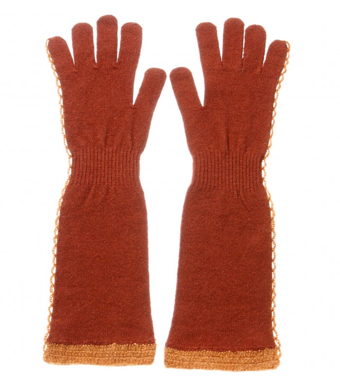 Cashmere Blend gloves with crochet decoration on the side and the bottom packaged in Signature box